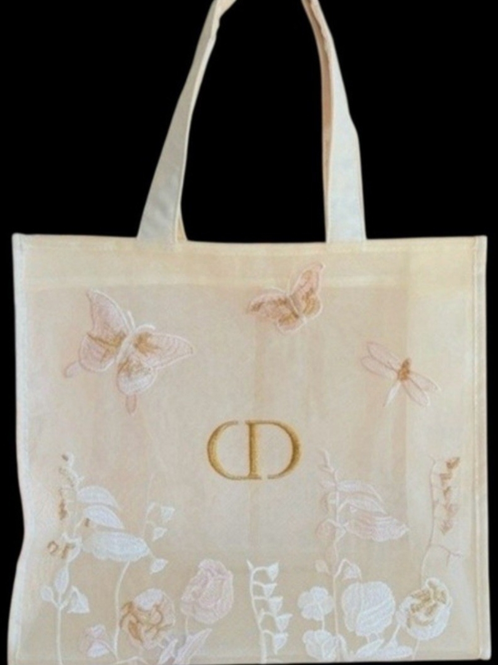 Dior Mesh Cream Embroidered Floral & Butterfly Tote W/Sm Dior Makeup Bag. NWOT
